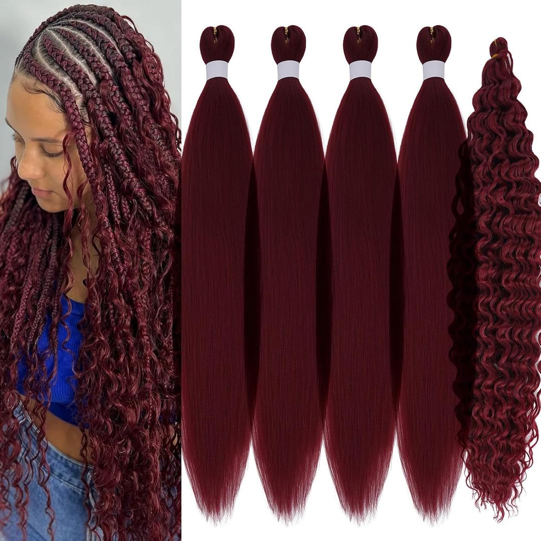 Burgundy Braiding Hair Pre Stretched with Micro Bohemian Ocean Wave Wavy Braiding Hair Red Knotless Deep Wave Crochet Curly Hair Extensions for Boho Braids (5 Packs) (26 Inch Boho Braids Set)