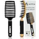 Boar Bristle Hair Brush 2 Pack, HIPPIH Wet & Dry No Pull Curved Vented Hair Brush, Styling Magical Detangler Brush for Kids & Men, Hairbrush for Women Can Adds Shine & Smooth Curly Thick Hair (Black & Gold)