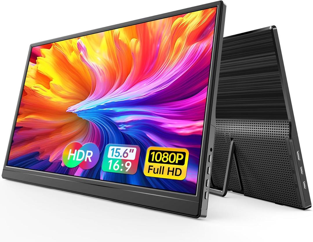 WGK 15.6 inch Portable Monitor 1080P FHD Travel Display HDMI/USBC Compatible with Laptops, Desktops, Phones, PS, Mac, Xbox, Switch, and Other Gaming Devices Includes Stand and Speakers VESA
