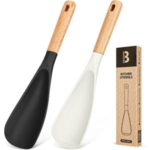 Cooking Spoon for Nonstick Cook wares, Great for Cooking and Serving Sturdy BPA-Free Matte Silicone, Wood Handle Spoon for Mixing, Scoop, and Scrape (Black & White, 11.4 inch)