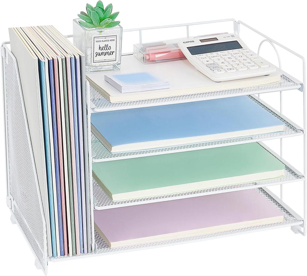OPNCIE 4-Tier Paper Organizer with Magazine Holder, Desk Organizers and Accessories, Office Desk Accessories & Workspace Organizers, Desktop File Organizer for Office Supplies Storage, White (15" x 8.8" x 9.4")