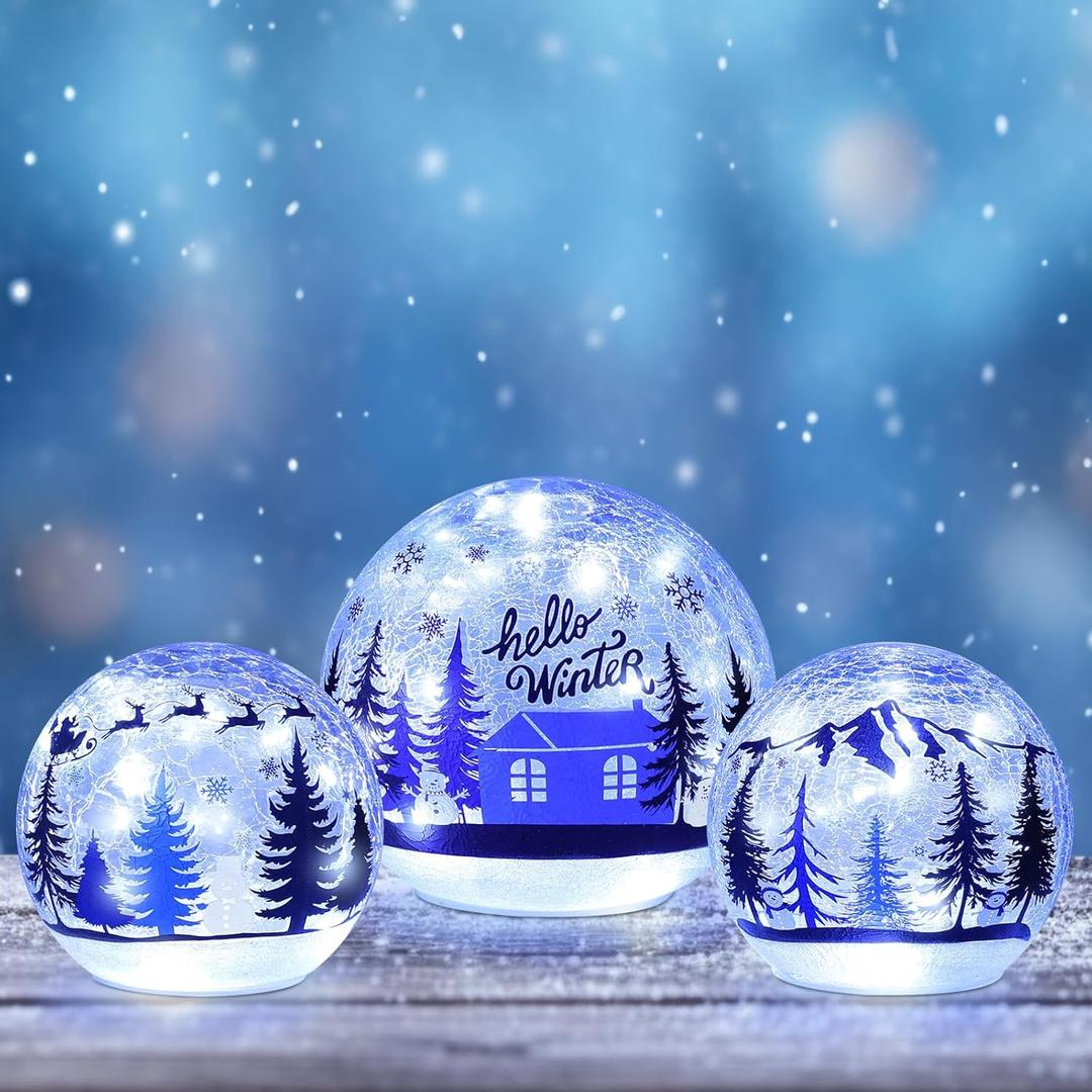 YEAHOME Winter Decorations Indoor, Set of 3 Crackle Glass Ball with LED Lights Christmas Tree House, Christmas Table Decorations Hello Winter Globes with Timer for Home Mantel Fireplace Decor (Blue)
