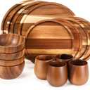 Maxdot 16 Pcs Acacia Wood Dinnerware Set, Round Wooden Plates,Solid Wooden Bowls and Tea Cups, Acacia Wood Tableware Supplies, Easy Cleaning & Lightweight for Dishes Snack, Dessert, Set for 4