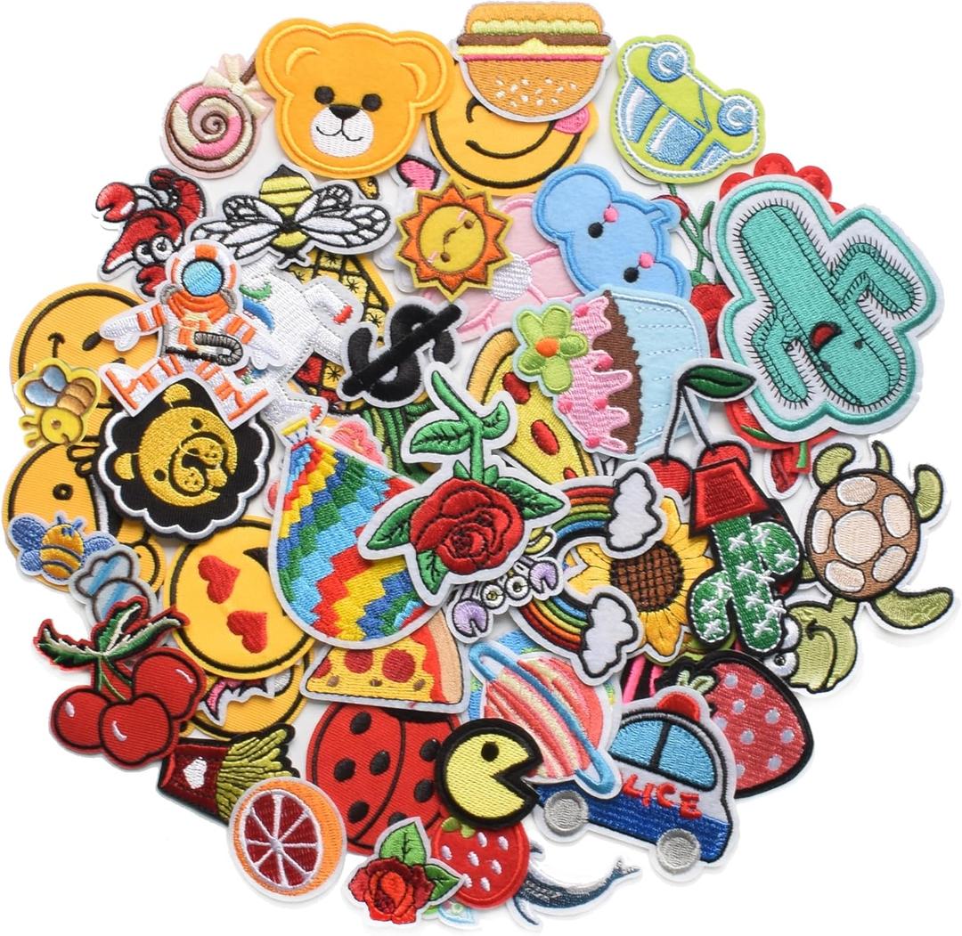Harsgs 60pcs Random Assorted Styles Embroidered Patches, Bright Vivid Colors, Sew On/Iron On Patch Applique for Clothes, Dress, Hat, Jeans, DIY Accessories