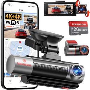 4K+4K+1080p 3 Channel Dash Cam, Free 128GB Card Included, WiFi6 Dash Camera for Cars with Built-in GPS, G-Sensor, 170Wide Angle, 24H Parking Mode, Support 512GB Max (D018)