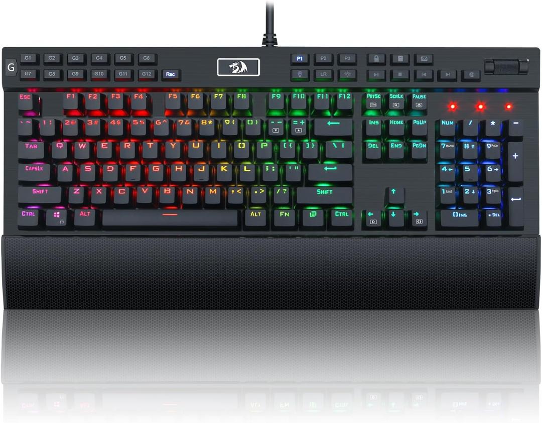 Redragon K550 RGB Gaming Keyboard, 104 Keys + 12 Macro G Keys Wired Mechanical Keyboard w/Aluminum Top Plate, Custom Clicky Purple Switch, Extra USB Port & Wrist Rest (Black)