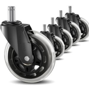 Office Chair Wheels 3" Inch Roller Blade Rubber Chair Caster Wheels Replacement, 11mm Universal Fit Stem, Heavy Duty Gaming Computer Desk Chair Wheels for Hardwood Floor Carpet - Set of 5 (Transparent)