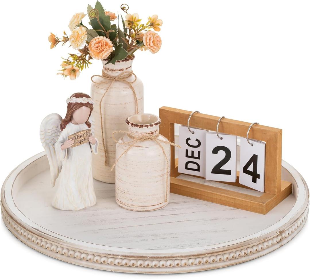 Wooden Decorative Tray, Round Serving Tray with Wood Bead, Farmhouse Big Tray for Ottoman, Countertop, Coffee Tabl,  (Retro White)