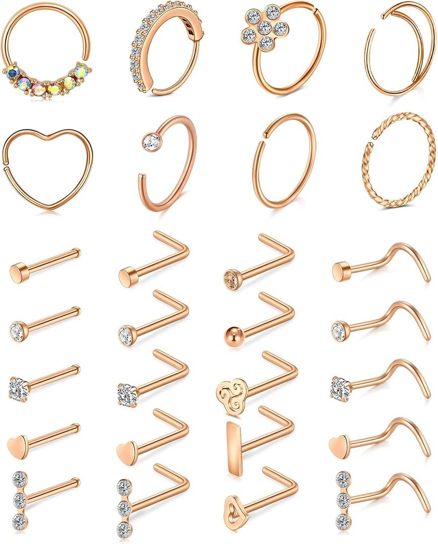 Mayhoop 20g Nose Rings Hoops And Studs For Women Men - Hypoallergenic 316L Surgical Stainless Steel L Shape Nose Screw Bone Silver Rose Gold Black Rainbow Pack 28Pcs