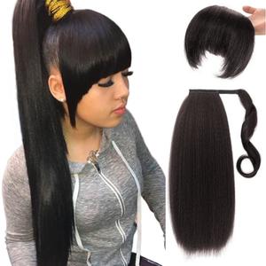 Yaki Straight Ponytail Extensions with Bangs for Black Women Natural Black Synthetic Kinky Straight Wrap Around Magic Paste Ponytail with Bangs Natural Looking Hair Hairpiece for Women (2#)