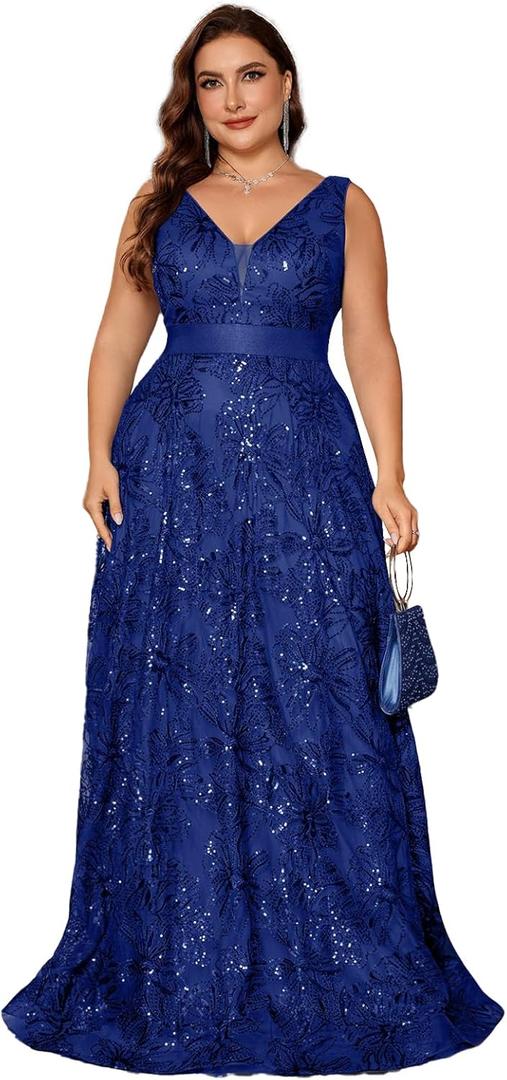 Plus Size Formal Dresses for Women with Embroidery Sequin and V-Neck, A-Line Maxi Dress for Wedding and Cocktail (4X)