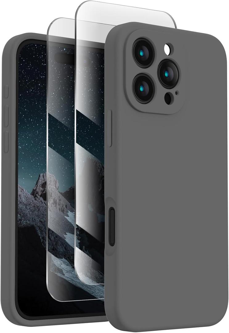 FireNova Designed for iPhone 16 Pro Case, Silicone Upgraded [Camera Protection] Phone Case with [2 Screen Protectors], Soft Anti-Scratch Microfiber Lining Inside, 2024, Space Gray