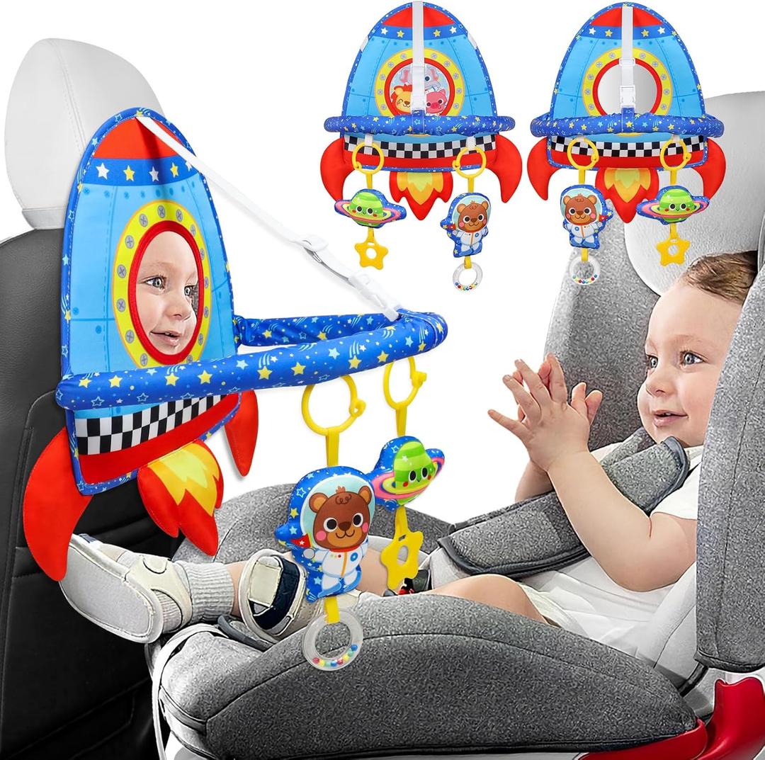 Dr.Rapeti Double-Sided Car Seat Toy, Rear Facing Car Seat Toy, Travel Activity Set, Easier Drive for Newborn, Adjustable Activity Arch with Baby Mirror, Teether, Ring Rattles