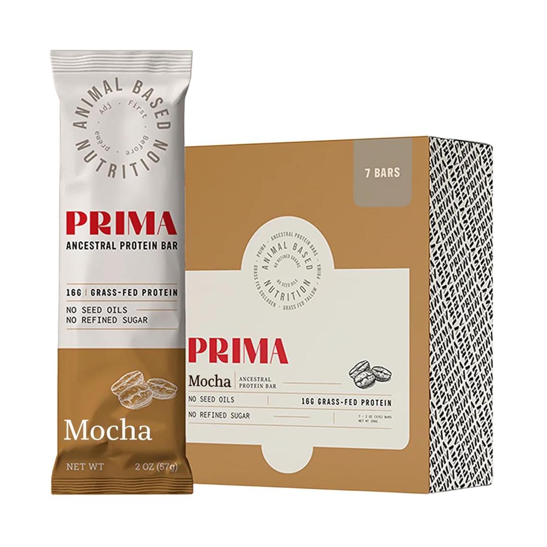 PRIMA ANCESTRAL PROTEIN BAR Grass Fed Protein Bars, 7 Pack Animal-Based Protein Bar with Beef Tallow, Raw Honey, Seed Oil Free, Low Carb, Gluten-Free Healthy, Energy Snacks for Clean Lifestyle (7 Pack, Mocha) Best By 12/12/2026