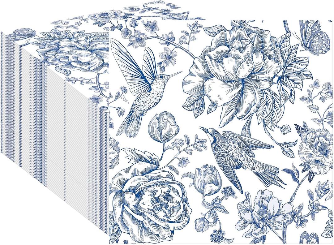 100Pcs Blue Floral Cocktail Napkins Disposable Flower Beverage Paper Napkins 3-Ply Blue Flower Luncheon Dinner Napkins for Wedding Birthday Party Supplies, 5 x 5 Inch