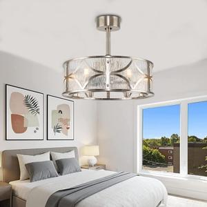 20" Caged Ceiling Fan with Lights Remote Control, Enclosed Bladeless Chandelier Fan, Small Modern Low Profile Ceiling Fan with 5 ABS Blades for Bedroom, Living Room, Brushed Nickel