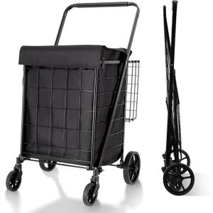 Folding Shopping Cart with Waterproof Liner, Grocery Cart Large Bag with Top Cover, 340 Lb Capacity, Utility Cart with 360 Rolling Swivel Wheels, Large & Extra Basket (L+ Basket, Cart+liner)