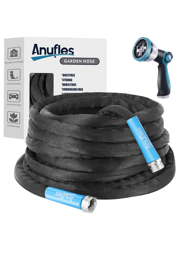 Aunfles 50FT Garden Hose - Flexible Water Hose with 10 Spray Nozzle, Lightweight Design, Easy Storage, Leak-Proof, Compact, Portable, Car Wash for Yard (Black)