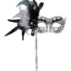 MYSEUNI 2025 New Masquerade Mask for Women with Stick - Shiny Women's Feather Mardi Gras Venetian Mask for Costume Accessory