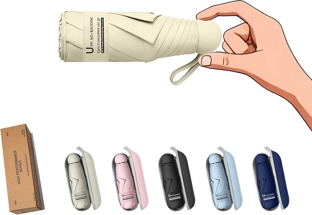 BAODINI Travel Essentials Mini Umbrella for Purse With Case Small Compact UV Sun Protection Lightweight Tiny Pocket Manual Open Close Umbrella for Women Kids and Men Fit Purse Backpack (A-1-Creamy Yellow)