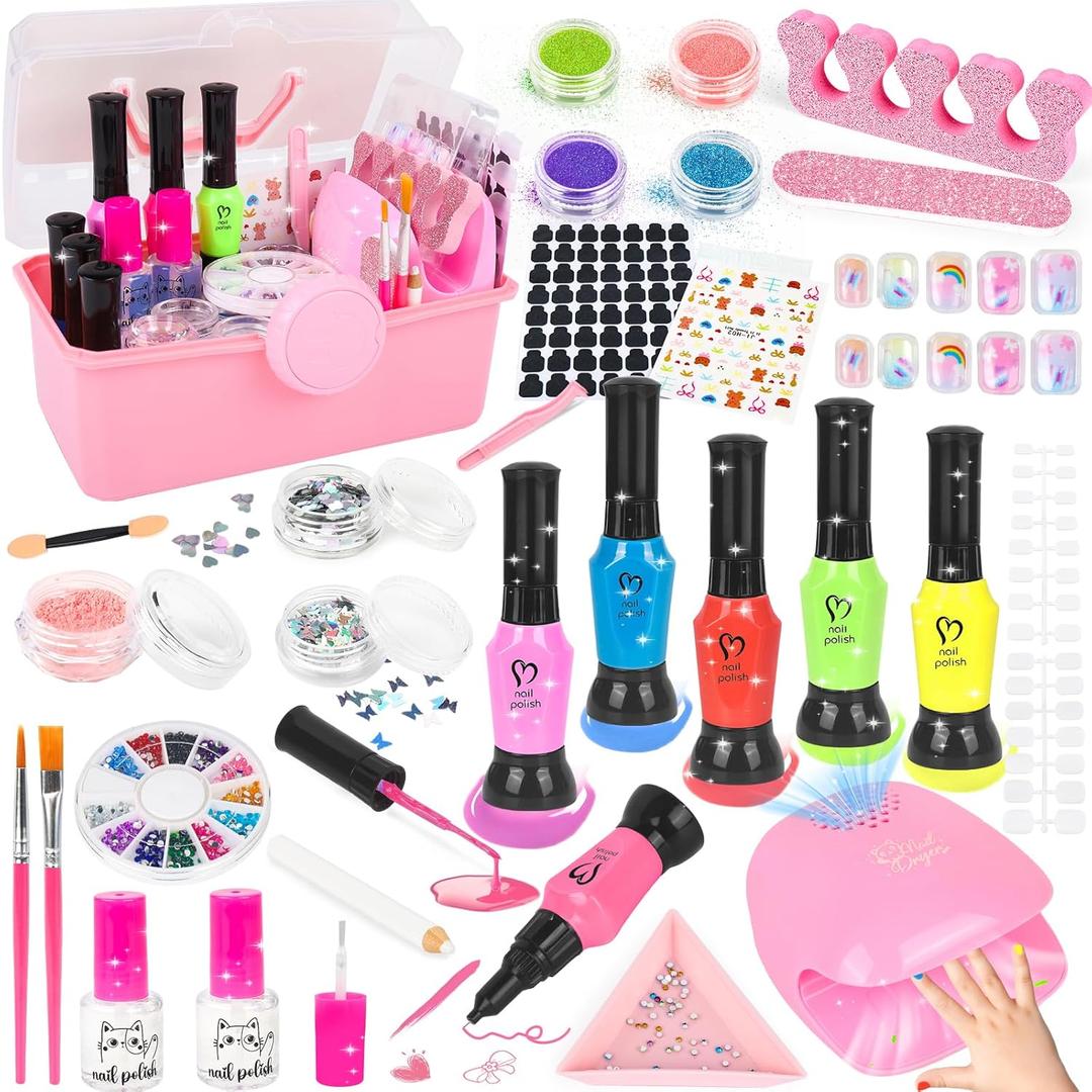 Kids Nail Polish Set for Girls, 34PCS Nail Art Kit with Nail Dryer & Storage Box, Non Toxic Quick Dry Kit and Fake Nails for Kids, Girl Toys Age 8-12, Halloween Birthday Christmas Gifts for Girls 8-12