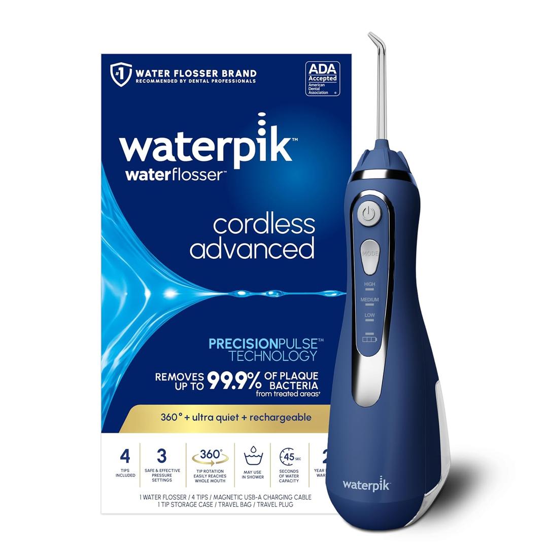 Waterpik Cordless Advanced 2.0 Water Flosser For Teeth, Gums, Braces, Dental Care With Travel Bag and 4 Tips, ADA Accepted, Rechargeable, Portable, and Waterproof, Blue WP-583