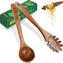 KAQISE Wooden Spoons for Cooking, 2Pcs Wooden Kitchen Utensils, Wooden Pasta Fork and Ladle for Spaghetti, Nostick Teak Wood Utensil Set for Cooking (Ladle & Spaghetti Server)
