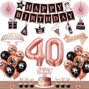 40th Birthday Decorations for Women, 54pcs Happy 40th Birthday Crown and Sash, Black Rose Gold Banner Backdrop Balloons Hanging Swirls Paper Fans, 40 Years Old Birthday Party Supplies Kit