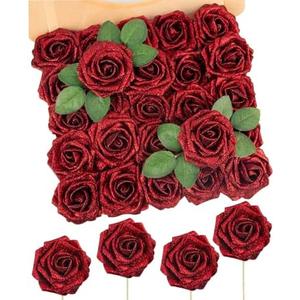 N&T NIETING Artificial Flowers Glowing Red Flowers Foam 25pcs Glitter Roses Real Looking Fake Roses with Stem for DIY Wedding Bouquets Centerpieces Bridal Shower Party Home Decorations