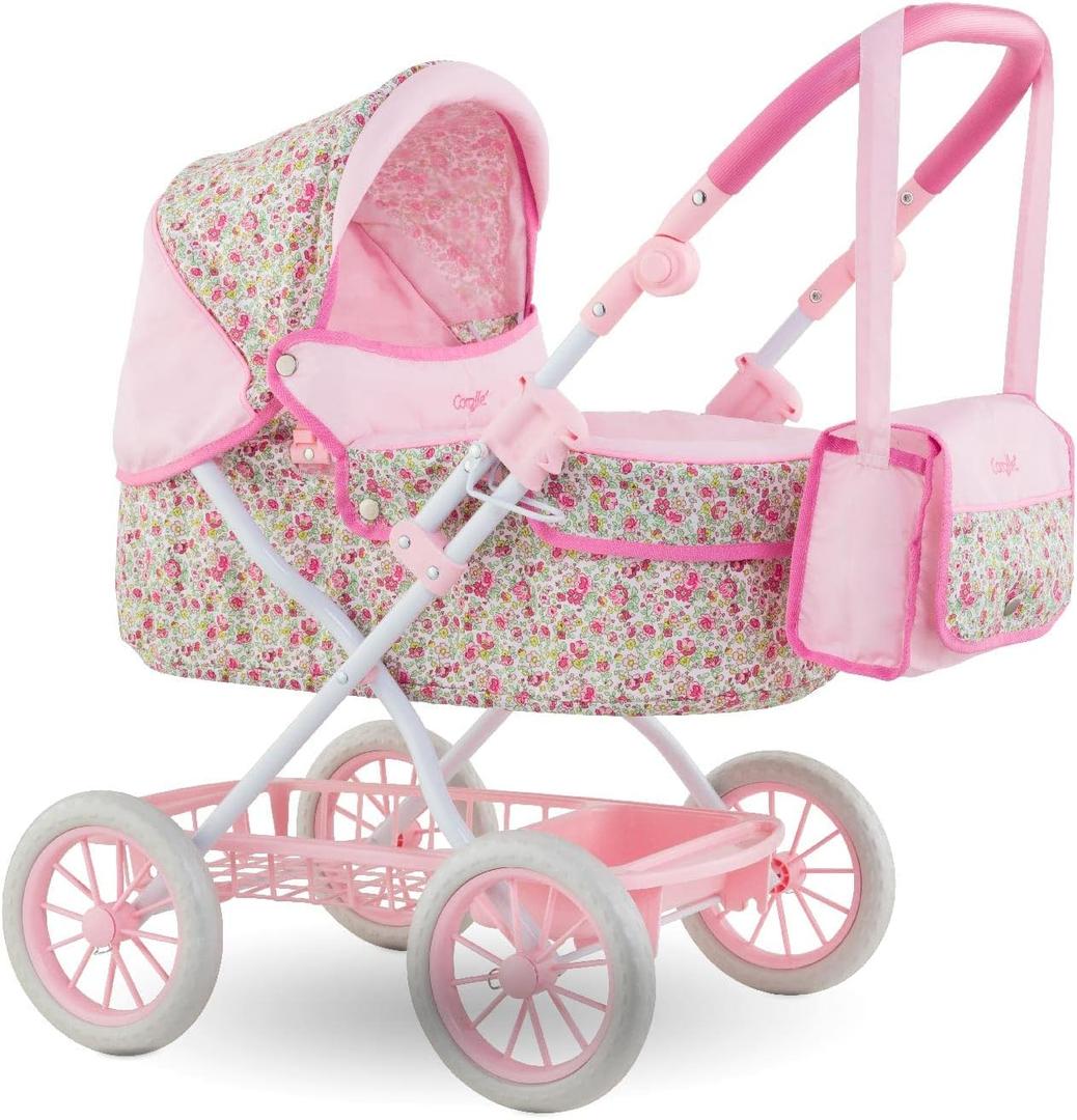 Corolle Mon Grand Poupon Doll Stroller  Adjustable Folding Carriage for 14, 17 & 20 Baby Dolls  Sturdy Pink Frame & Canopy, Toy Pram for Nurturing Pretend Play