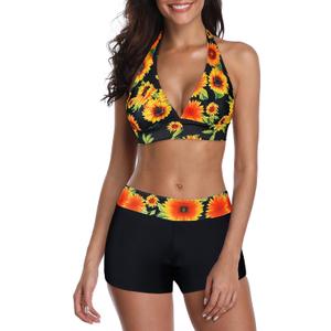 Women's Sporty Two Piece Swimsuits Halter Push Up Bathing Suits Athletic Swimwear for Women (XXL)