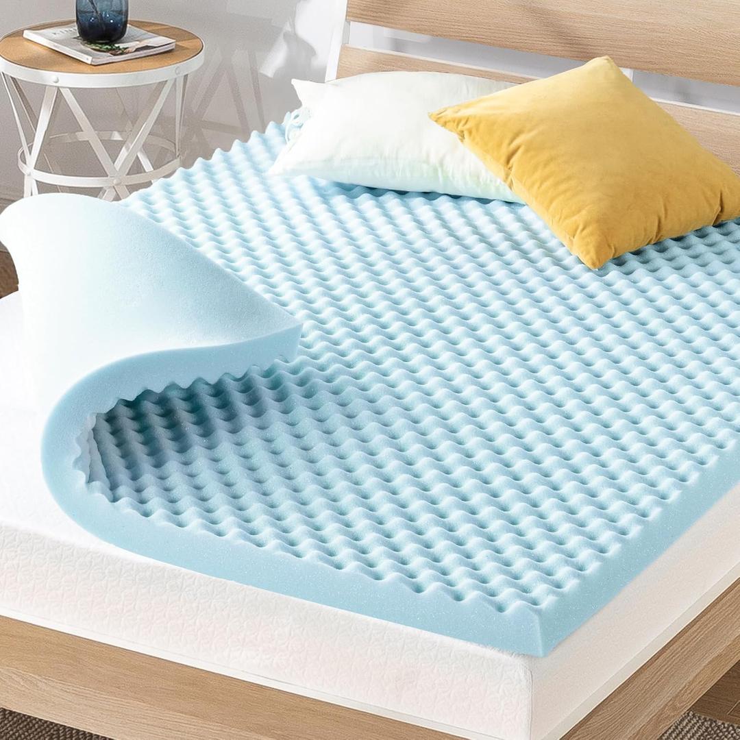 Best Price Mattress 3 Inch Egg Crate Memory Foam, Cooling Gel Infusion, King Mattress Topper, Dorm Essentials, Blue