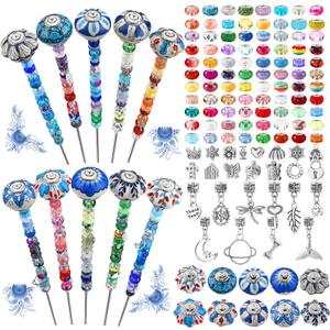 255 Pcs 14 Inch Christmas Garden Stakes Decorative Blue and White Porcelain Ceramic Round Beaded Garden Stakes Decor Fairy Sticks for Indoor Outdoor Yard Lawn Pathway Patio Decoration