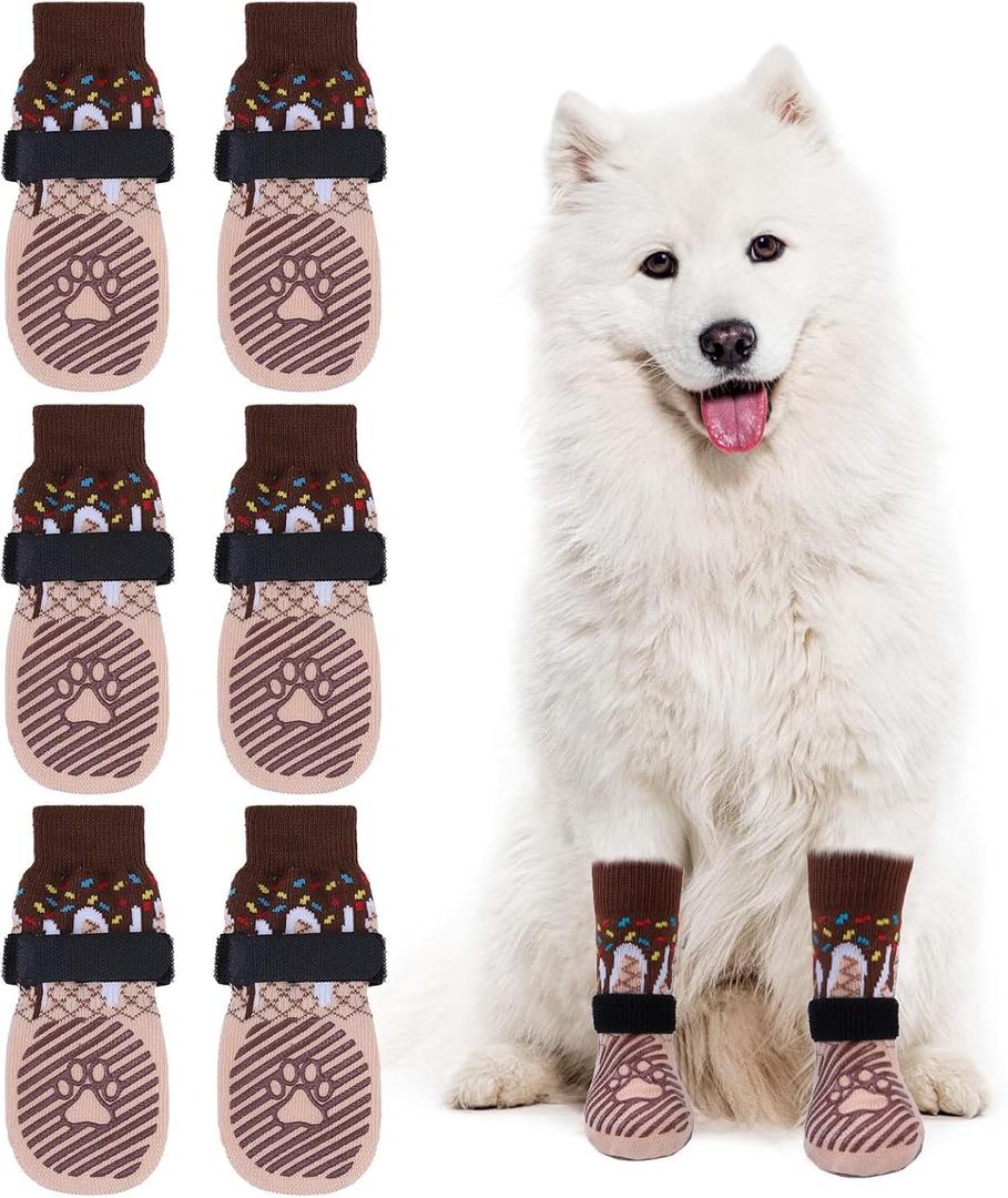 EXPAWLORER 6PCS Anti-Slip Dog Socks to Prevent Licking Paws,Dog Shoes for Hot Pavement,Best Paw Protector Traction Control on Hardwood Floor,Dog Booties for Puppy Small Medium Large Senior Dogs (Ice Cream)