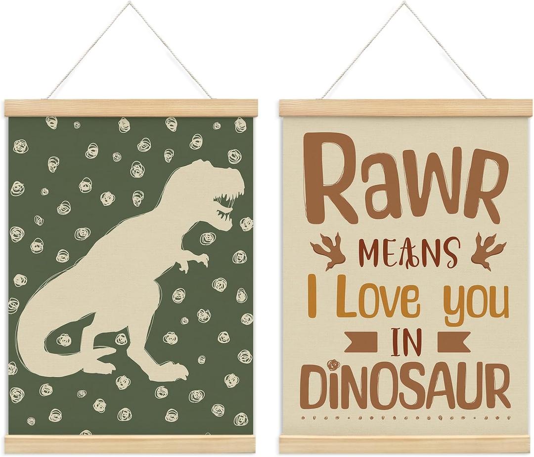 foedor Olive Green Dinosaur Poster Hanger Frame Playroom Decor Set of 2, Dinosaur Nursery Wall Decor for Kids Boys Bedroom Bathroom Decor,12x16 Inch