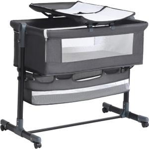 Baby Bassinet, 4 in 1 Bassinet Bedside Sleeper with Mosquito NetBaby Crib for Newborn, Quick Adjustable Height Bassinet Bedside CribEasy to AssembleDark Grey