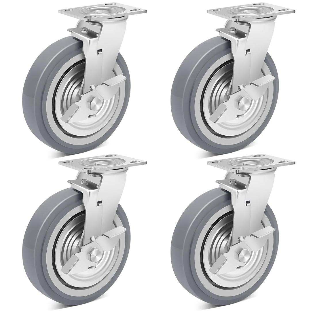 Nefish 8 Inch Heavy Duty Casters Wheels, Industrial Grade Thermoplastic Rubber Casters with Brake 6000 LBS, Ball Bearing Plate Swivel Castors Set of 4, Casters Wheels for Hand Truck, Industrial