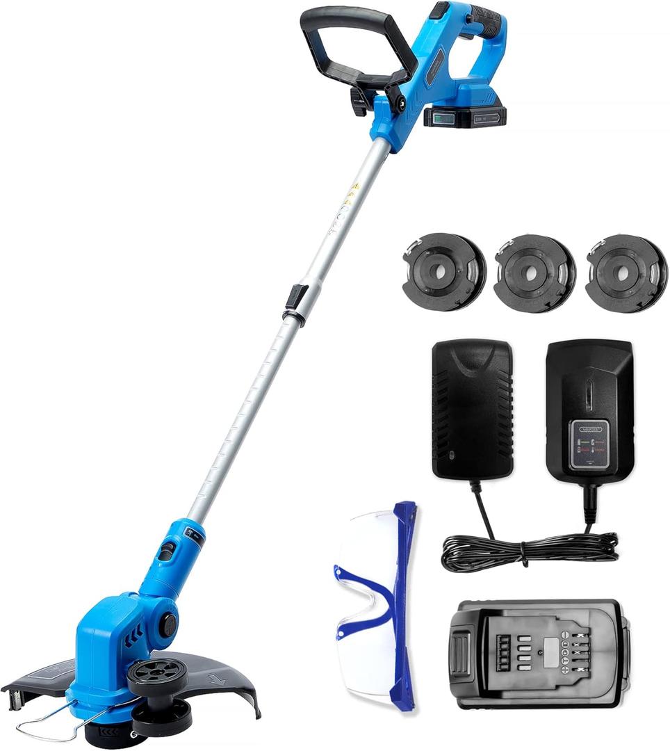 Weed Wacker Battery Powered, 20V Cordless String Trimmer & Edger, 12 Inch Weed Eater with 3 Spools, Edger Lawn Tool with 90 Degree Adjustable Head, with 2.0Ah Battery and Fast Charger
