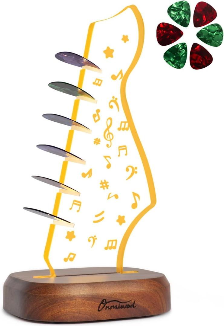 Light Up Guitar Pick Holder with 6 Guitar Picks, Acacia Wood & Acrylic Music Note Pick Holder Case for Guitar Pick Storage & Display, Guitar Music Accessories Gift for Guitar Player Music Lover