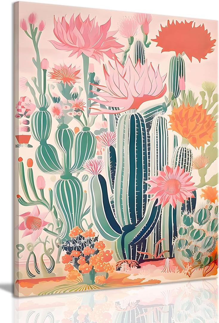 KISSFOX Framed Mexican Canvas Wall Art Cactus Desert Plant Poster Prints Vintage Green Pink Orange Botanical Floral Painting Colorful Southwestern Rustic Picture Decor Living Room Bathroom Bedroom (16"x24" Canvas)