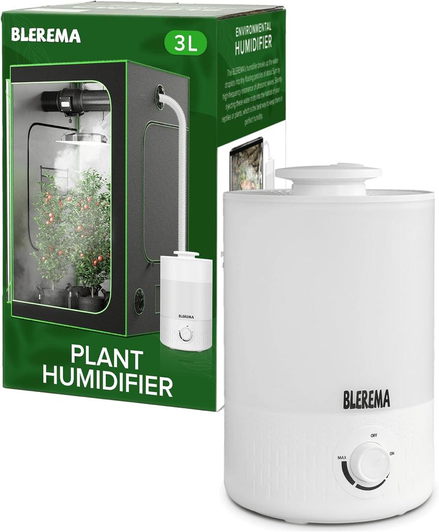 3L No Leak Plant Humidifiers for Grow Tent Greenhouse and Grow Room, Top-Fill, Auto Shut Off, with Extendable Targeting Hose Perfect for Indoor Plant Care and Humidity Control (Single Dual Fog Output) (White)