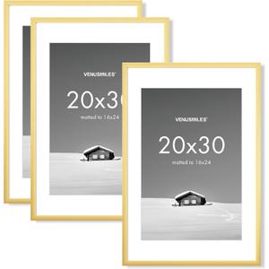 20x30 inch Picture Frame, 20x30 Photo Frames with 16x24 Removable Mat - High Definition Plexiglass - Vertical and Horizontal Display - Wall Hanging Poster Frame - Gold, 3 Pack (20x30, 3P)