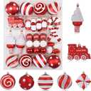 47PCS Red and White Christmas Ornaments Sets, Shatterproof Candy Cane Christmas Tree Decorations, Hanging Ball Ornaments Tree Decor for Xmas Party (Red & White)