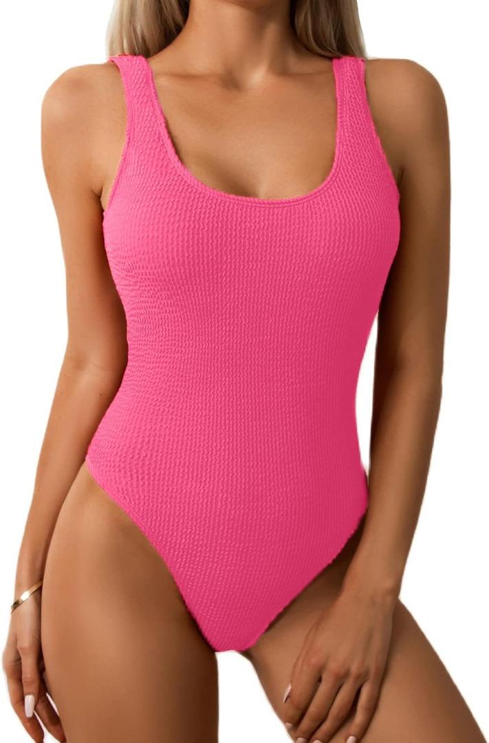 Limeeke Women One Piece Swimsuit Solid Ribbed Monokini Swimwear Scoop Neck Low Back Bathing Suit (Medium, Hot Pink)