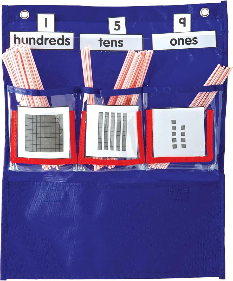 Carson Dellosa 12.75" x 15.25" Blue Deluxe Math Pocket Chart, Counting Caddy with Number, Base Ten, and Blank Cards, Straw Place Value Manipulatives, Homeschool and Classroom Organization
