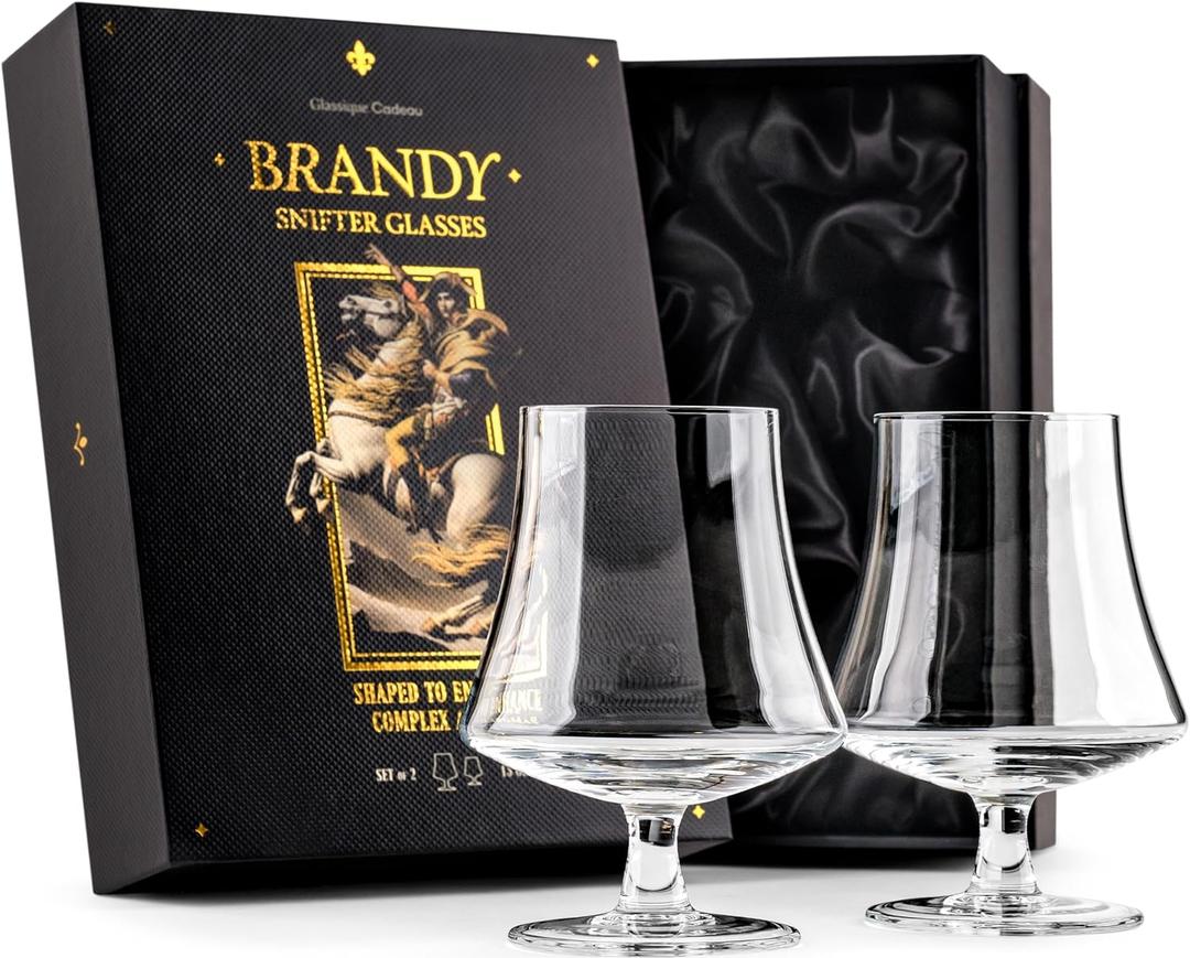 GLASSIQUE CADEAU 15 oz Medium Brandy, Cognac, and Armagnac Snifter Glasses | Set of 2 | Crystal Sniffer Bowls with Short Stem | Elegant Drinking and Tasting Glassware for Liquor and Spirits