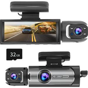 Dash Cam Front and Inside, 1296P Dual DashCams for Car, 3.16 Inch IPS Screen Driving Recorder with IR Night Vision, Loop Recording, Wide Angle Lens, 24H Parking Traffic Recorder with 32GB TF Card (Black)