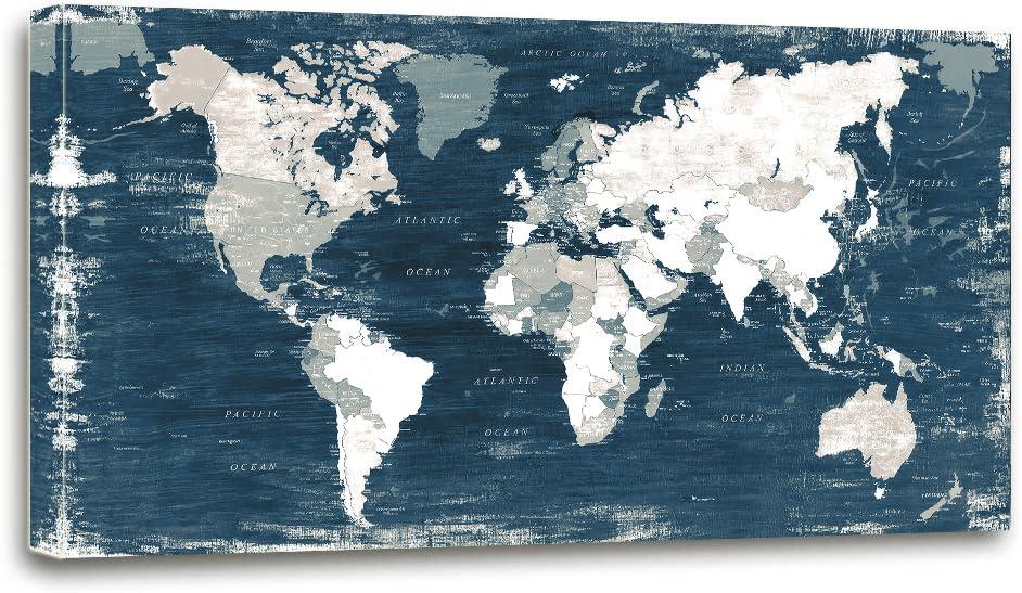 Blue World Map Canvas Wall Art for Living Room Large Office Canvas Artwork Decor Framed for Kitchen Kids Bedroom-20 x40