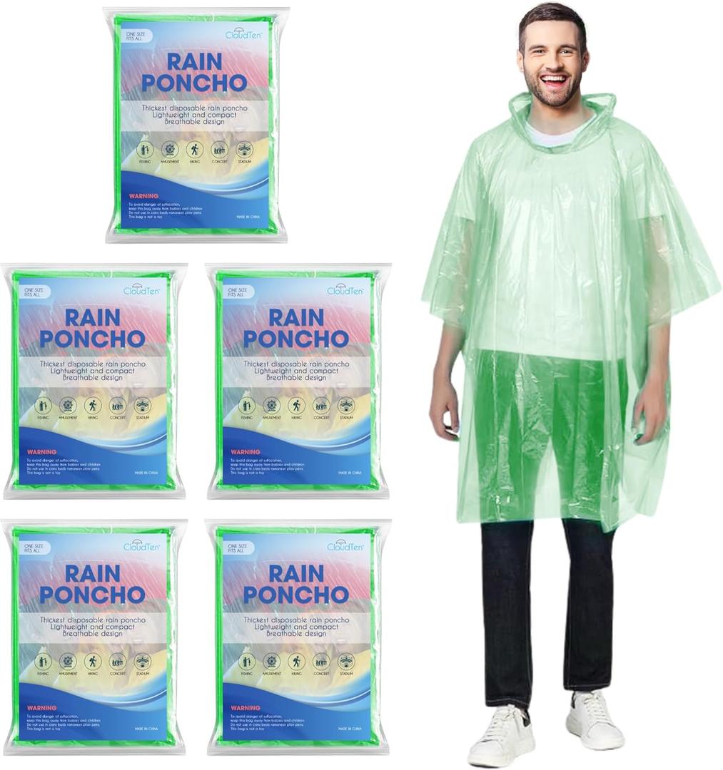 CloudTen Compact and Disposable Rain Ponchos for Men and Women (Green (5 Packs))