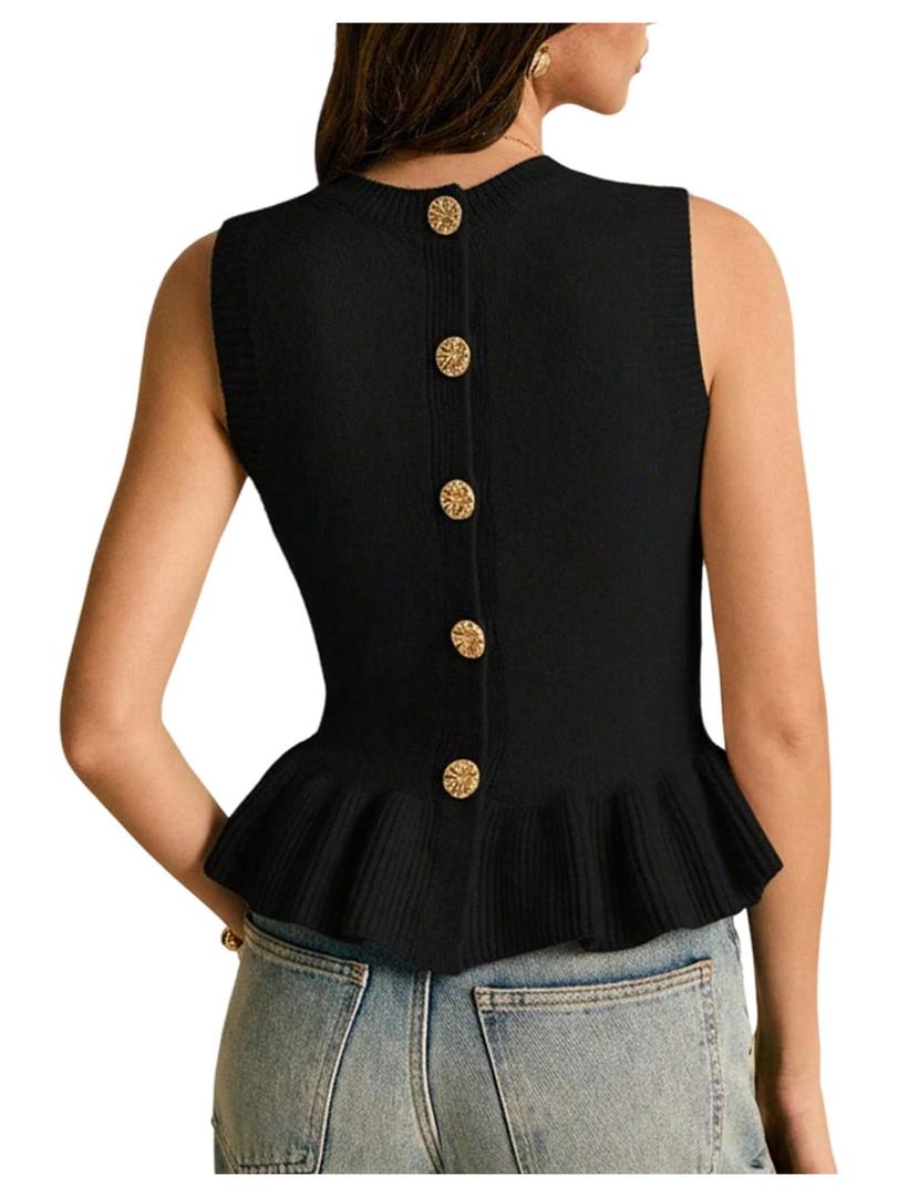 SOLY HUX Women's Sleeveless Sweater Vest Crew Neck Ruffle Knit Casual Going Out Tank Tops Solid, Black, Size: X-Small